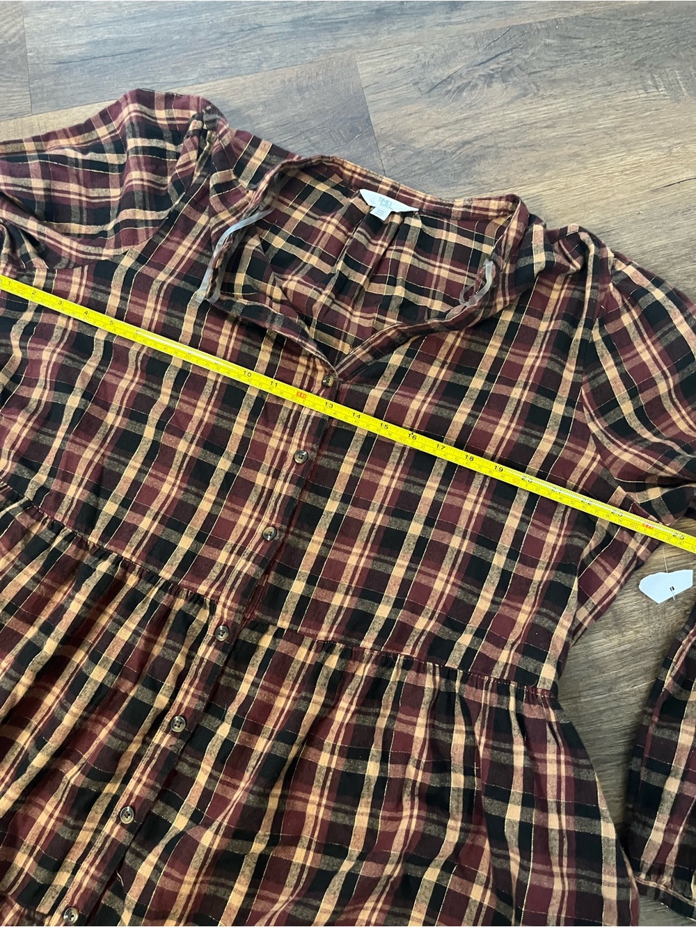 Time and Tru Burgundy & Brown Plaid Tiered Long-Sleeve Shirtdress Prairie - Picture 9 of 13